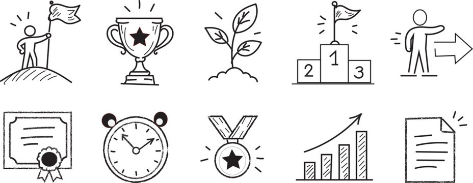 Collection of sketched icons, including a trophy, goal medal chart, and a clock on a transparent background for business marketing and achievement projects.