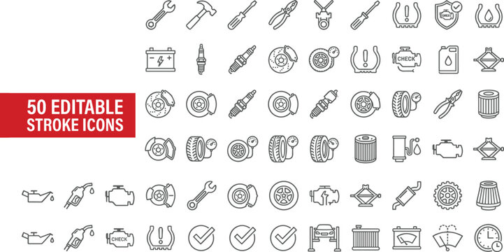 Fifty Car Maintenance and Auto Repair Line Icon Set Featuring Spark Plug Engine Battery Tire Brake Tools and Garage Service Symbols with Editable Stroke