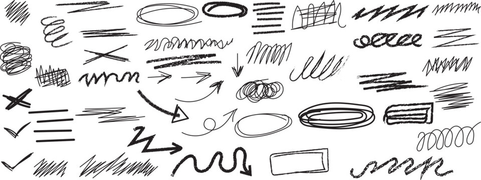 Black charcoal pencil strokes and hand drawn scribble collection on transparent background.