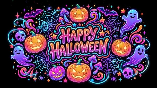 Vibrant happy halloween greeting with jack-o-lanterns ghosts bats spiders and webs. Neon style festive halloween illustration for seasonal decorations and invitations