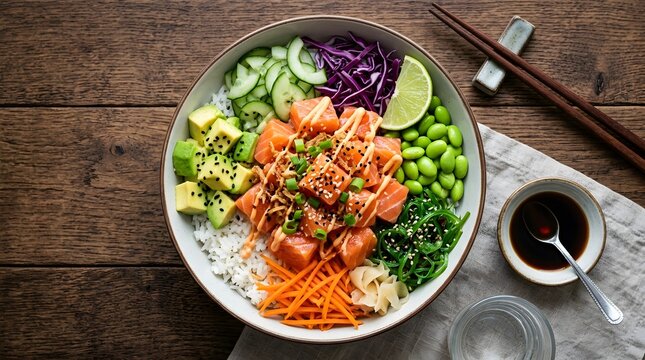 Delectable salmon poke bowl with avocado edamame and vibrant vegetables overhead view