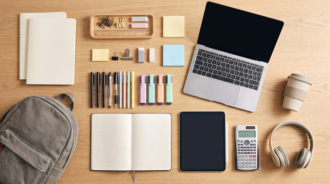 Modern student workspace flat lay with laptop tablet backpack and colorful stationery on wood desk