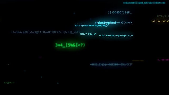 Cybersecurity background featuring floating encrypted code, cryptic digital text, and dark hacker interface. Ideal for cyber attack, data breach, malware, network security, and technology concept