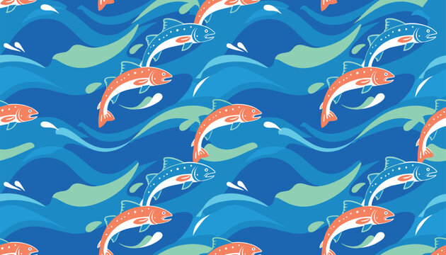 Salmon fish jumping in blue waves seamless pattern background