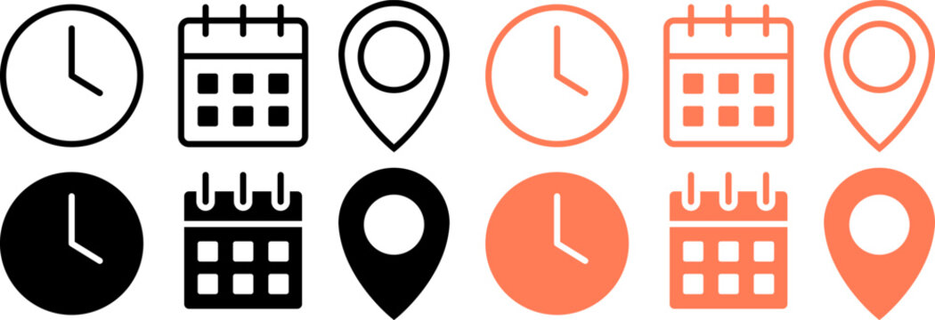 Set of minimalist clock calendar and location pin icons in flat vector style