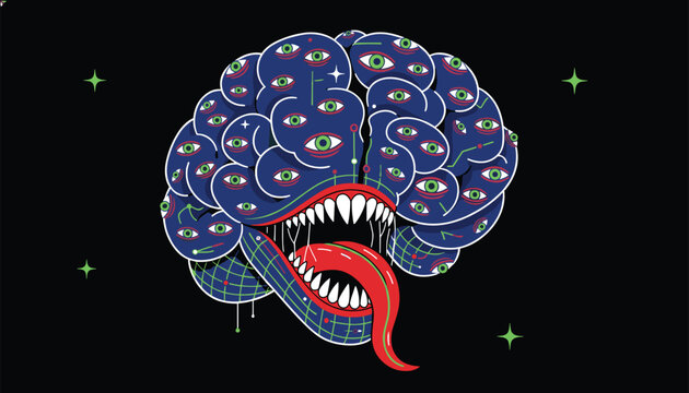 Creepy cyber brain monster with eyes and teeth illustration