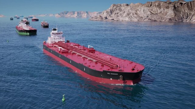 Oil tanker convoy navigating through narrow coastal strait
