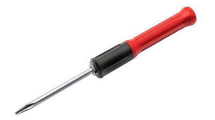 Fototapeta premium Industrial screwdriver with red and black ergonomic handle for manual repair tasks isolated on transparent background for precision engineering with presented isolated object