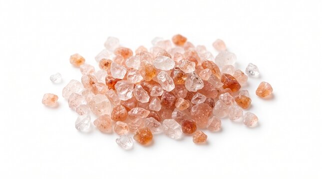 Pink Himalayan salt crystals isolated on white background, heap of coarse mineral rock salt, organic gourmet seasoning for culinary and spa use