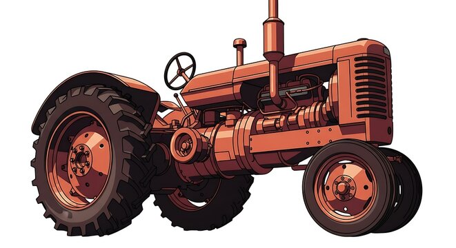 Classic red vintage farm tractor on white background with agriculture, machinery