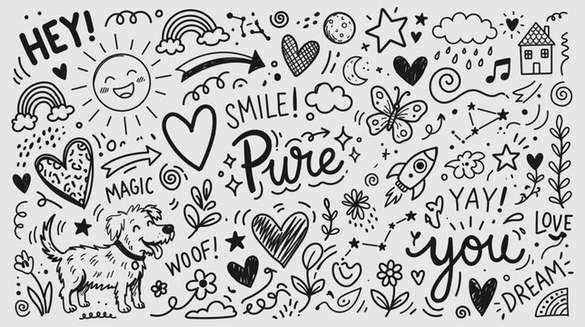 Hand drawn doodle set with cute hearts, stars, sun, dog and motivational words on a white background