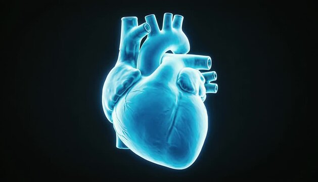 Abstract blue glowing holographic human heart beating on a dark background / coraz&oacute;n de ne&oacute;n azul latiendo 