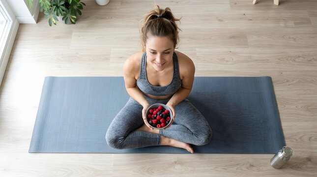 Woman practicing mindful eating with berries after yoga on exercise mat indoors