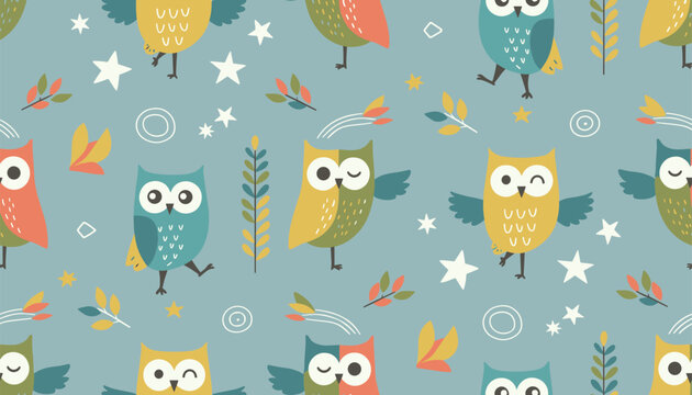 Cute cartoon owls and stars seamless pattern blue background