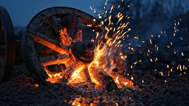Close-up of a broken old wooden wagon wheel burning with glowing embers and flying sparks on a dark battlefield