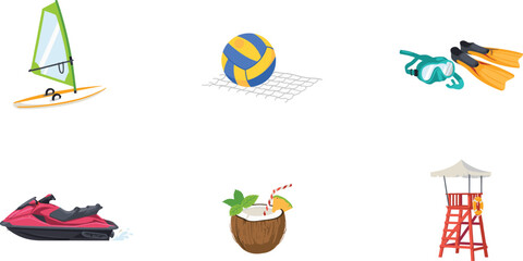 Tropical Beach Summer Vacation Icon Set Featuring Windsurfing Board Volleyball Net Snorkeling Gear Jet Ski Coconut Cocktail and Lifeguard Tower Vector Illustration © Rownok