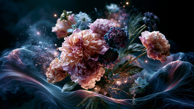 Surreal gravitational bouquet of suspended flowers distorted by gravity waves in dark romantic space backdrop