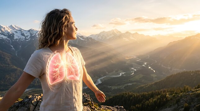 Woman breathing fresh air in mountains healthy lungs concept.