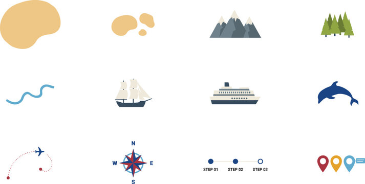 Travel Map Maker Icon Set Featuring Islands Mountain Peaks Forest Trees Wavy River Sailing Ship Cruise Liner Airplane Path Compass Rose and Location Pin Map Elements Vector Illustration
