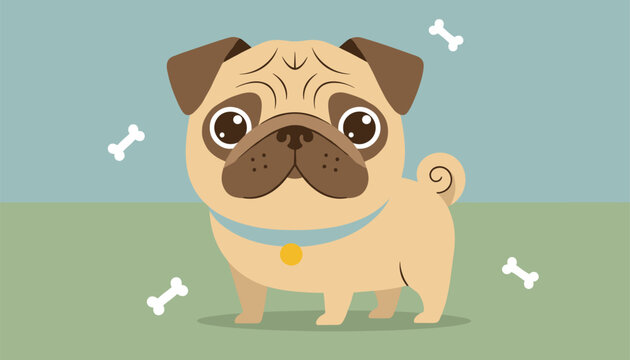 Cute cartoon pug puppy standing on grass with bones