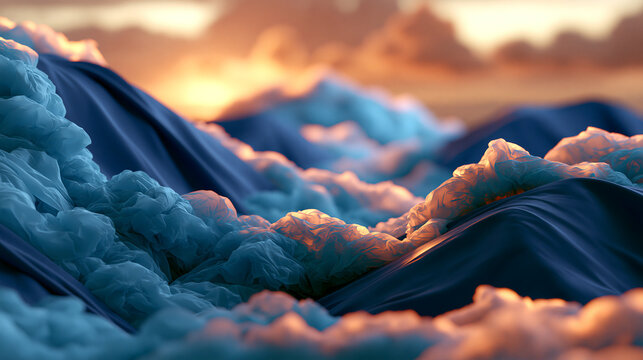 Playful surreal sunrise over rolling hills and clouds with smooth rubber texture and warm soft light in an unusual tactile landscape