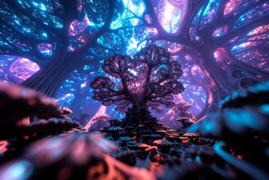 Foresta fantasy bioluminescente con albero cosmico alieno nei colori neon blu e viola