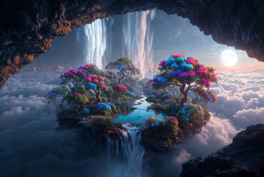 Isola galleggiante fantasy con alberi colorati, cascate e luna piena vista da una grotta sopra le nuvole