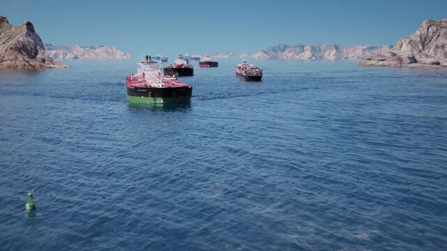 Cargo and tanker ships moving through narrow coastal strait