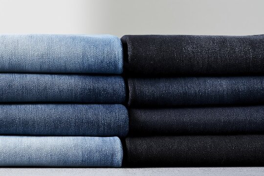 Stacked denim jeans in light and dark blue and black hues