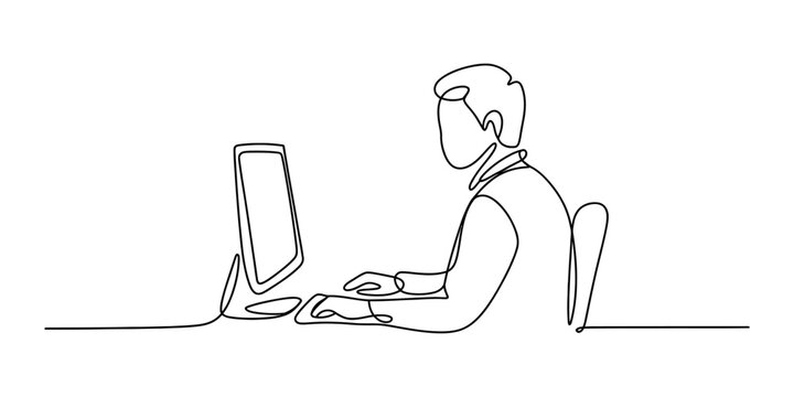 Continuous single line drawing of a man sitting at a desk and typing on a computer keyboard in a modern office setup Vector, illustration