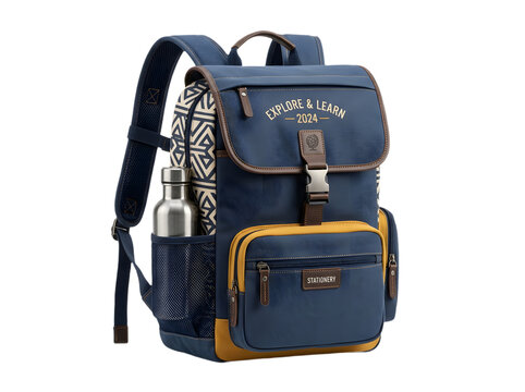 Blue backpack with patterned side pocket and metal water bottle, backpack