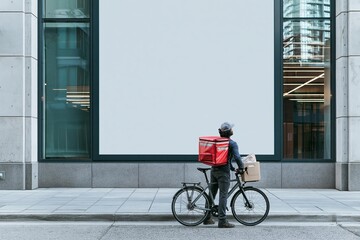 Fototapeta premium Delivery person with red backpack on bicycle awaits in front of a blank billboard