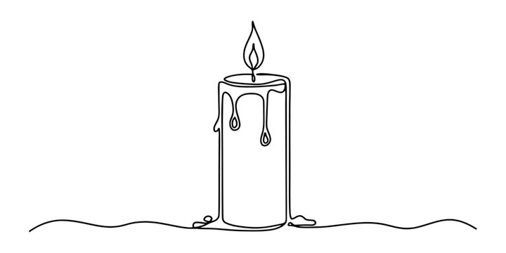A single continuous line drawing of a burning candle with wax dripping down the sides in a simple minimalist style Vector, illustration
