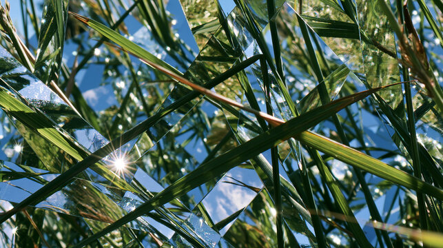 Surreal mirror grass meadow with reflective blades and bright sky reflections in nature landscape under daylight