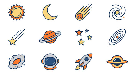 Modern Colorful Space Themed Icons Set Sun Moon Meteor Galaxy Stars Planets Astronaut Rocket and Nebula Illustrations © Viva