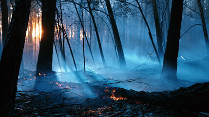 Blue ash and smoke drift over a burned forest at dawn in a cinematic haze of quiet melancholy environmental disaster © Дмитрий Лазебный