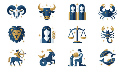 Fototapeta premium Sleek Modern Zodiac Icons Set with Blue Gold Color Scheme Featuring 12 Detailed Astrological Symbols and Figures