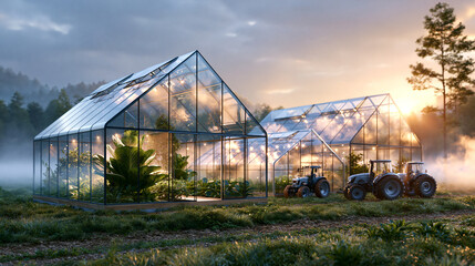 Morning sun over a rural field with transparent glass barns and greenhouses, tractors and glass farming for a fragile agricultural future clean surreal realism © Дмитрий Лазебный