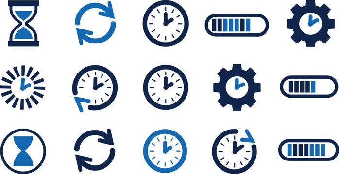 Time management business icons set containing clocks hourglasses progress loading bars and gears vector web elements