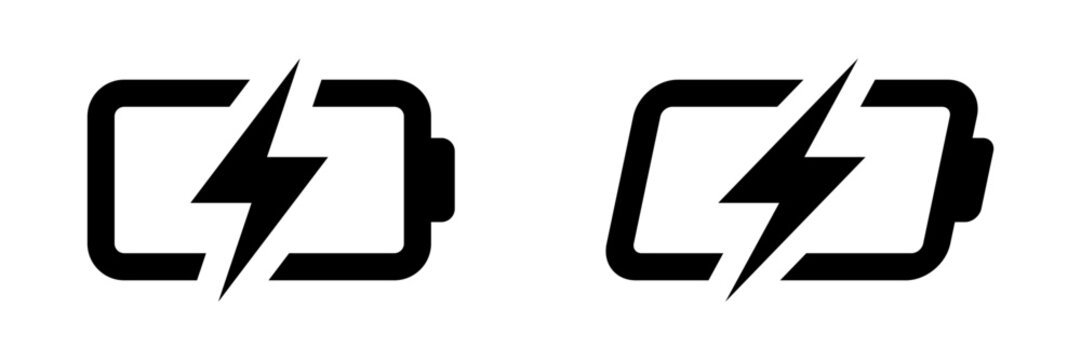 Battery charging icon set. Line outline battery with lightning bolt flash silhouette, power energy level and fast charge speed simple symbols.