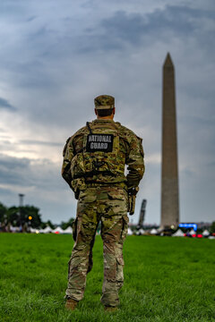 National Guard soldier. National Guard military security, armed security, Washington DC security. Capitol security near Washington Monument.