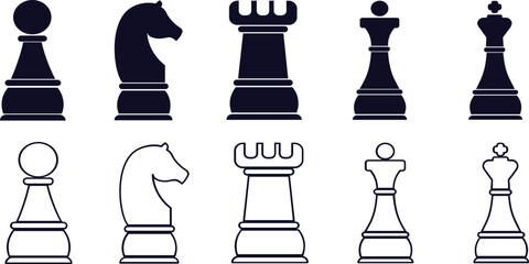 Set of chess pieces including pawns knights rooks bishops and kings in black and white colors isolated design © MsAtlasTrading