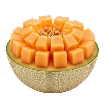 Ripe orange cantaloupe half sliced into a grid of cubes pushed outwards in a blooming pattern on a plain background showing moist fruit flesh refreshing concept