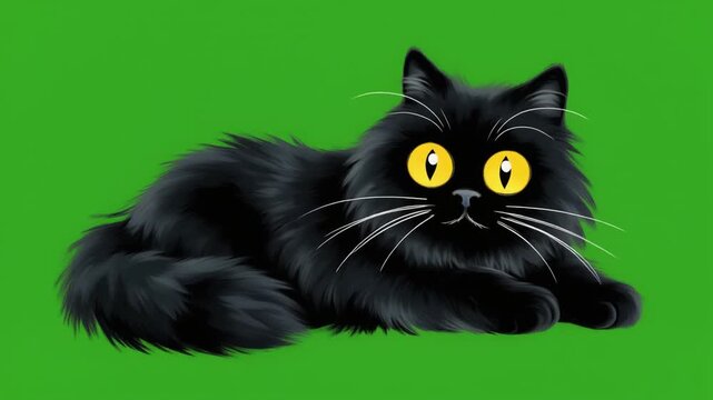 Fluffy black cat with wide yellow eyes rests in this charming digital animation video clip for your creative project needs