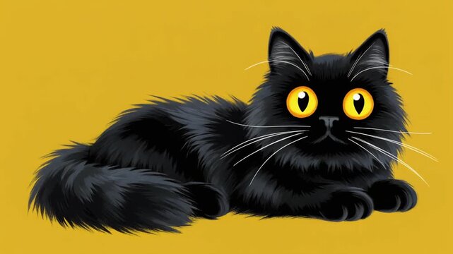 Fluffy black cat with wide amber eyes resting in this smooth digital animation motion clip for creative design projects today.