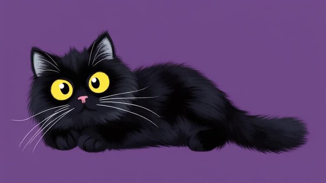 Fluffy black kitten with bright yellow eyes resting calmly in this charming digital animation video clip for creative media projects