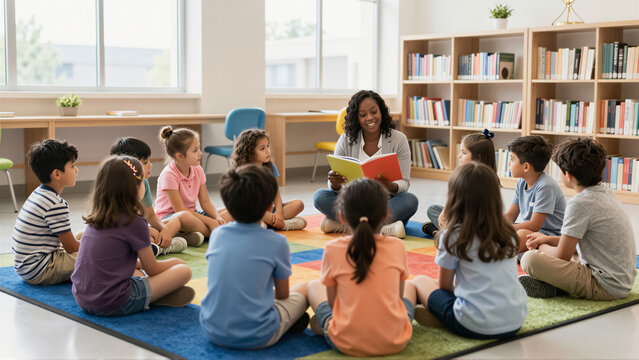 A diverse group of young students sits on a colorful rug in a bright classroom, engaged in captivating story time with their African-American teacher. Promoting education and interactive