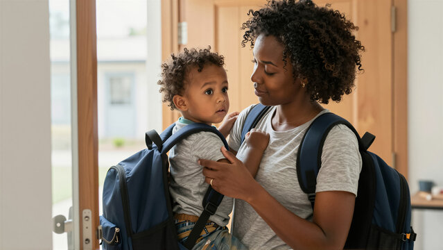 An African American mother comforts her young child with a loving embrace before school. This emotional moment highlights family bonding and early childhood education