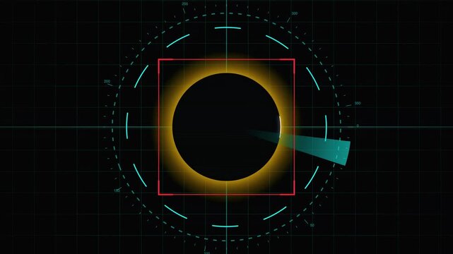 Digital tech interface showing sun and moon in total solar eclipse orbit phenomenon space universe astronomy celestial science background observation loop nature planetary event darkness