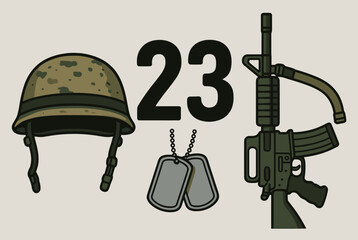 Military elements including helmet, dog tags, rifle gun, and number twenty-three representing veteran or memorial day.